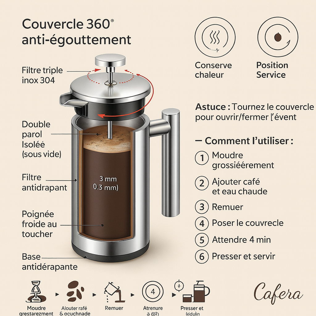 Cafera BrewPress™ – Cafetière à piston isotherme